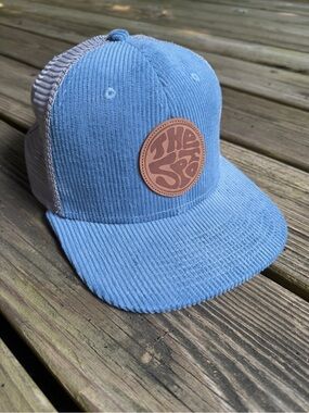 Pukka The Spot OBX Blue Corduroy Trucker Hat Leather Patch Retro Snapback NWOT